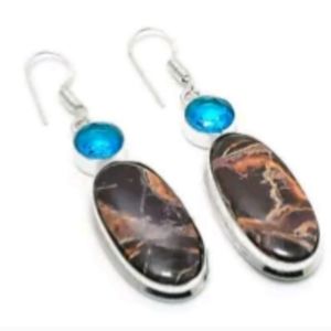 Cappuccino Jasper, Blue Topaz Gemstone 925 Sterling Silver Dangle Earrings